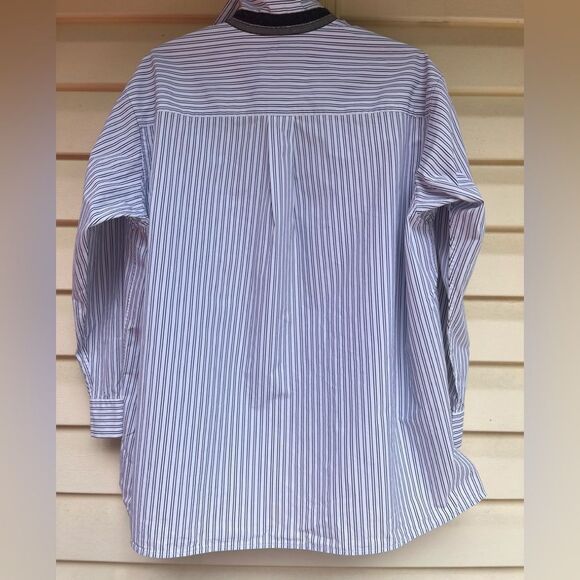 Lafayette 148 white w/blue narrow stripes, button down shirt, long sleeves, S/M - Picture 8 of 10